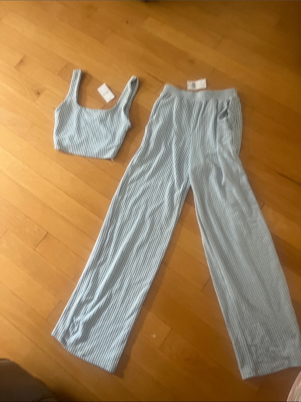 LOFT Light Blue Ribbed Straight-Leg Pants with Crop Top Set